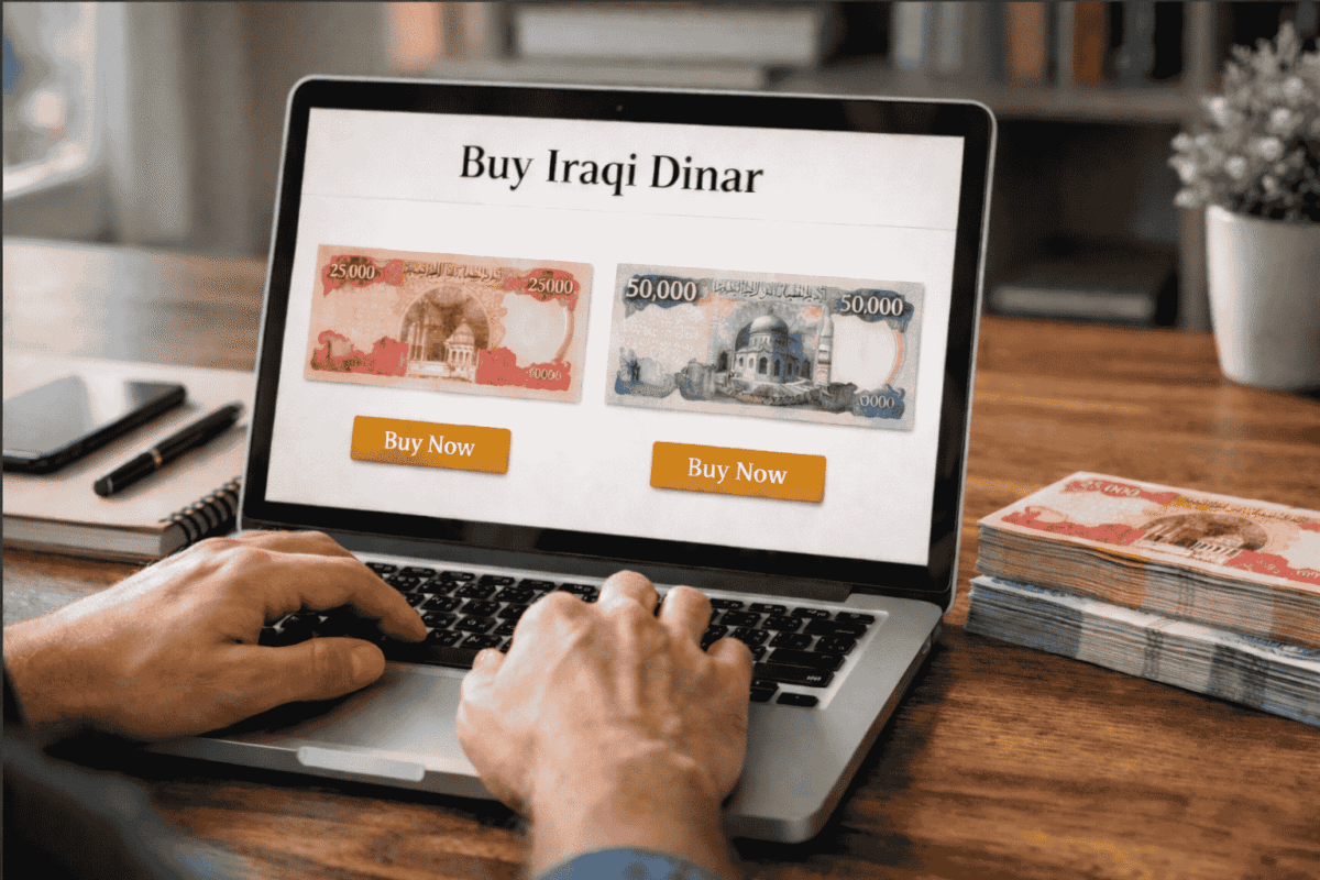 High-quality uncirculated Iraqi Dinar banknotes being reviewed on a laptop for purchase. The image illustrates the process of choosing the right denominations, featuring a clear view of the red 25,000 note and blue 50,000 note alongside physical currency stacks on a desk.