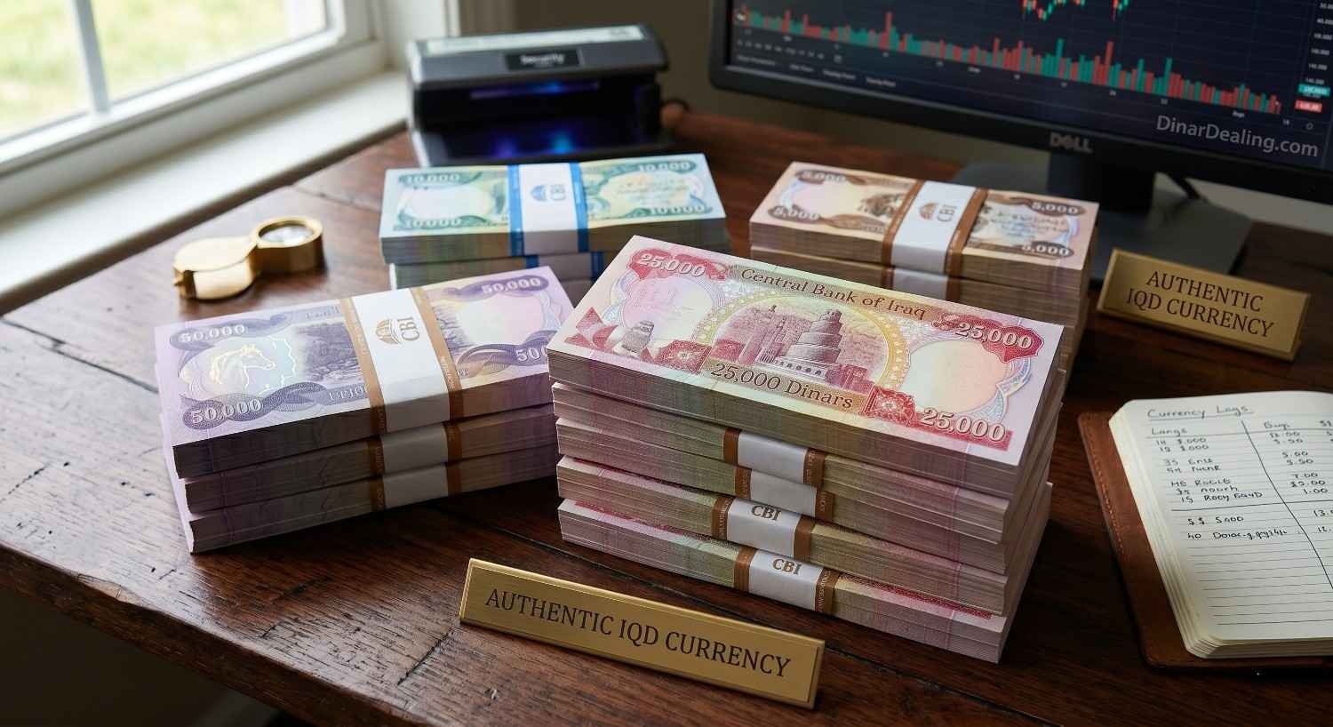 Bundles of authentic uncirculated Iraqi Dinar notes featuring 25,000 and 50,000 denominations with visible security watermarks on a wooden desk.