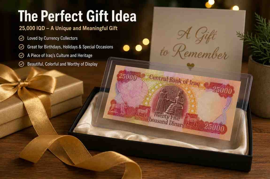 25,000 Iraqi dinar banknote presented in a premium gift box, showing why it is the best Iraqi dinar denomination to buy as a unique collector's gift.