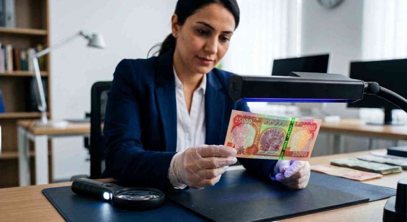 Person inspecting 25000 Iraqi dinar note under UV light showing security features