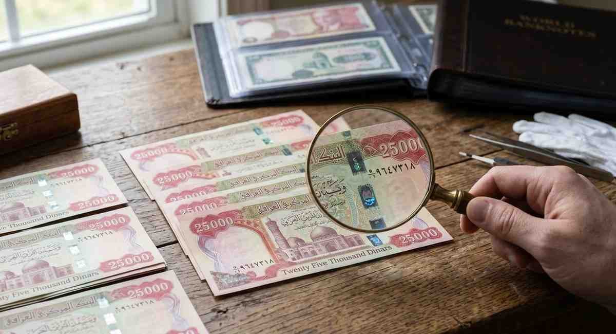 Iraqi dinar notes with magnifying glass for authenticity check