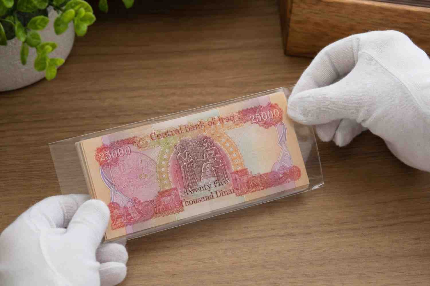 Uncirculated Iraqi Dinar banknotes being placed into a clear protective currency sleeve