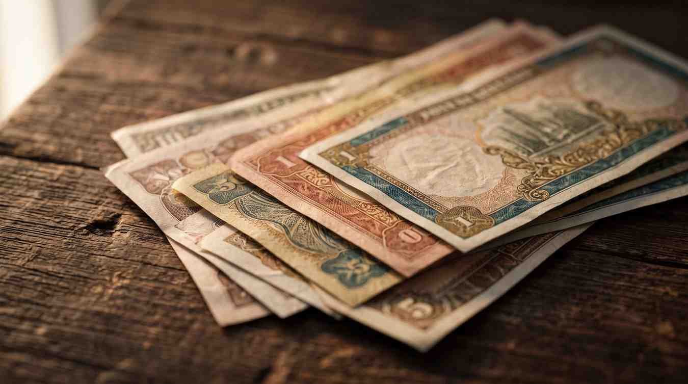 Vintage banknotes fanned out on a wooden table, representing the historical currency notes compared when you buy Iraqi dinar online