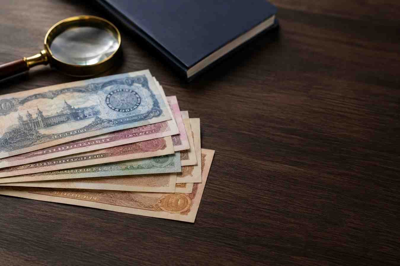 Stack of currency notes with a magnifying glass, representing currency authentication used in guide on whether Iraqi dinar expires