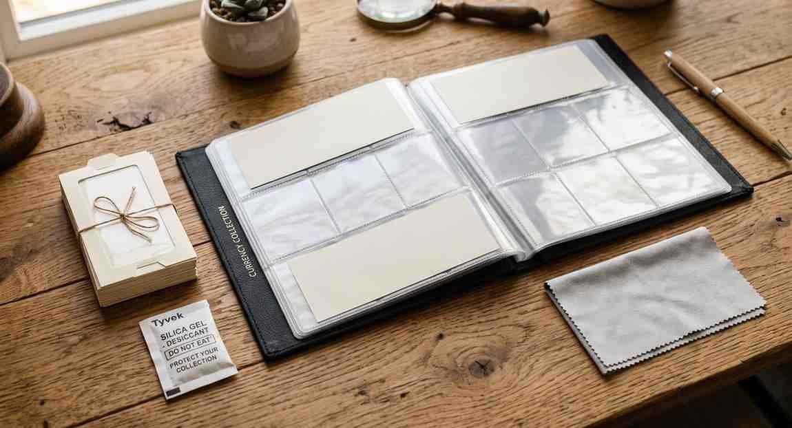 Currency album with clear archival sleeves and silica gel packet used for storing Iraqi Dinar notes