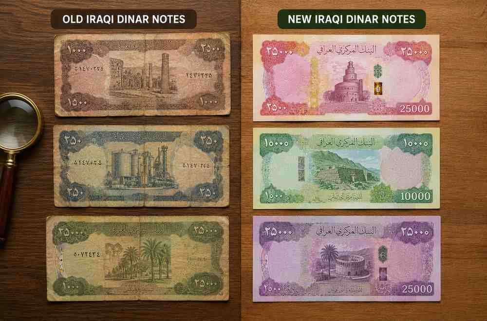 Old Iraqi dinar notes next to new Iraqi dinar notes including the 25000 and 10000 denomination for comparison