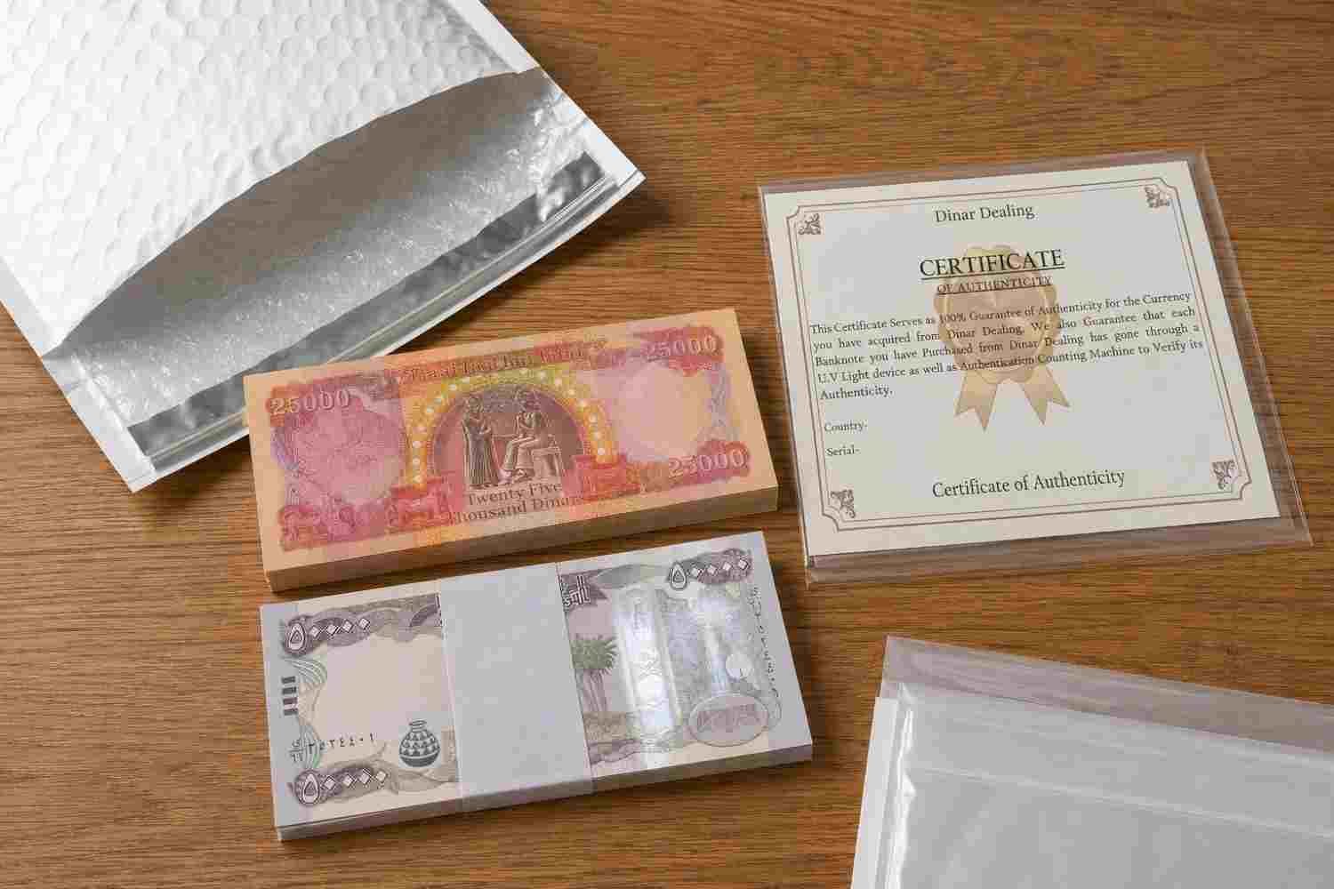 Uncirculated Iraqi Dinar notes with Certificate of Authenticity and secure packaging when you buy Iraqi Dinar online from Dinar Dealing