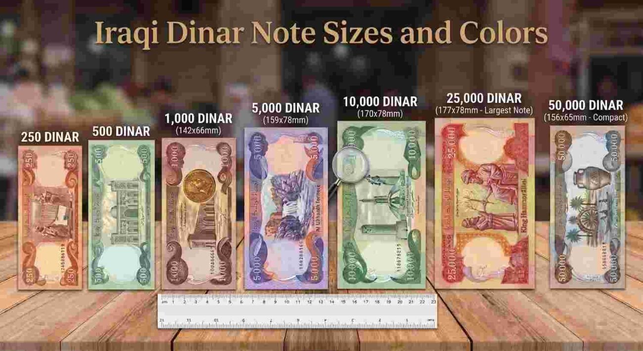 Iraqi Dinar notes of different denominations compared by size and color, from 250 to 50,000 Dinar, before you buy Iraqi Dinar online