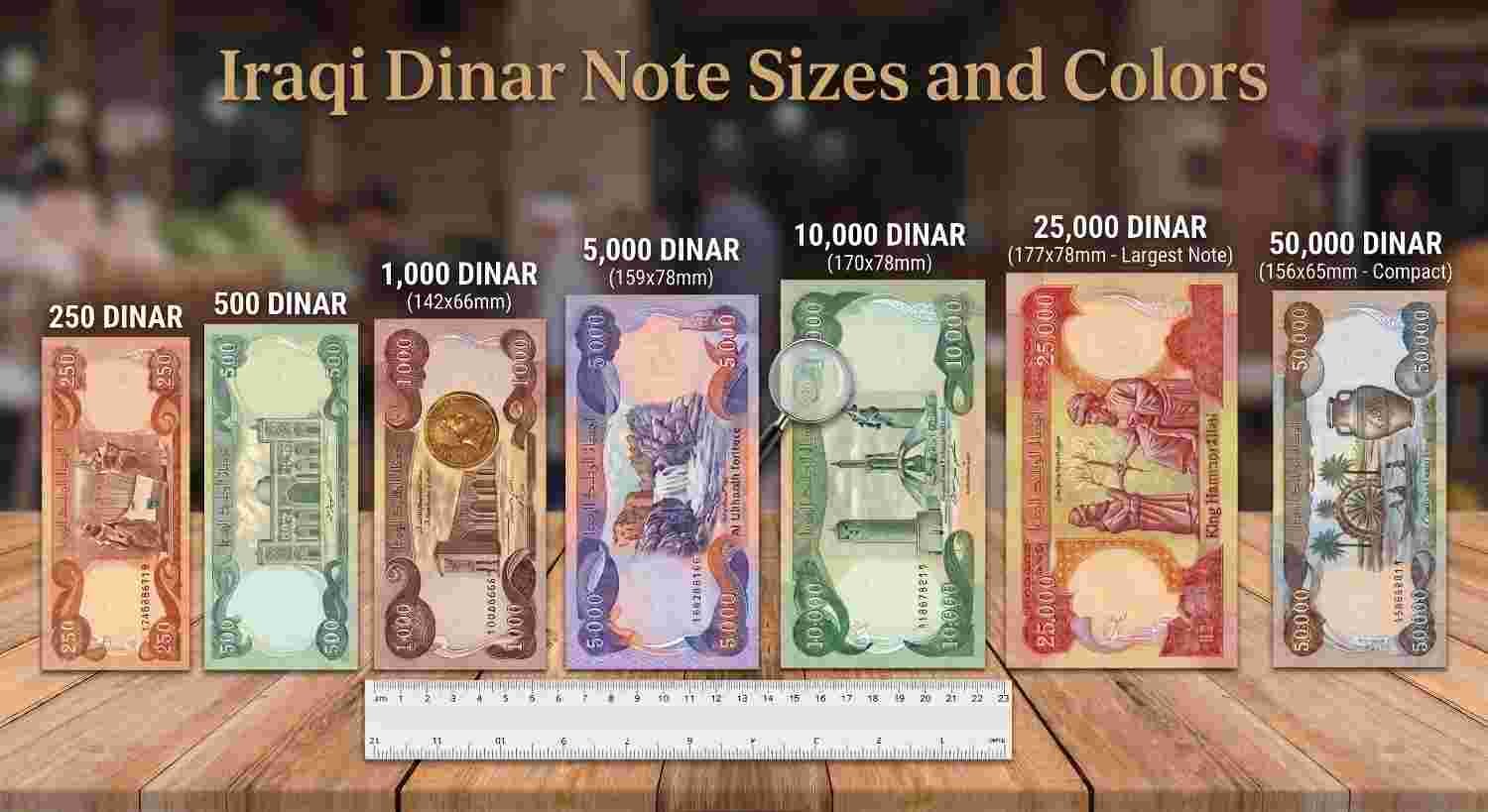 Iraqi Dinar notes of different denominations compared by size and color, from 250 to 50,000 Dinar, before you buy Iraqi Dinar online