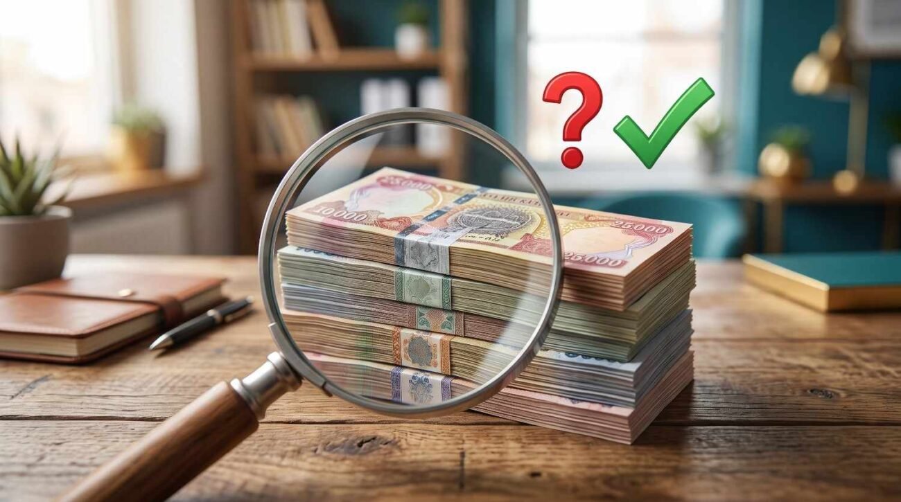 Magnifying glass over stacks of Iraqi dinar notes for sale with a question mark and a check mark