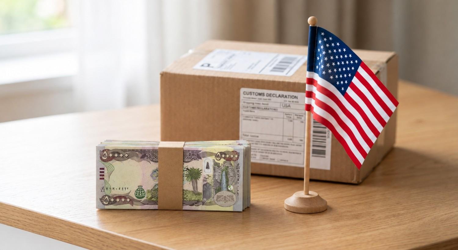 Iraqi Dinar banknotes next to a customs declaration box and US flag, showing it is legal to buy Iraqi Dinar in the United States.