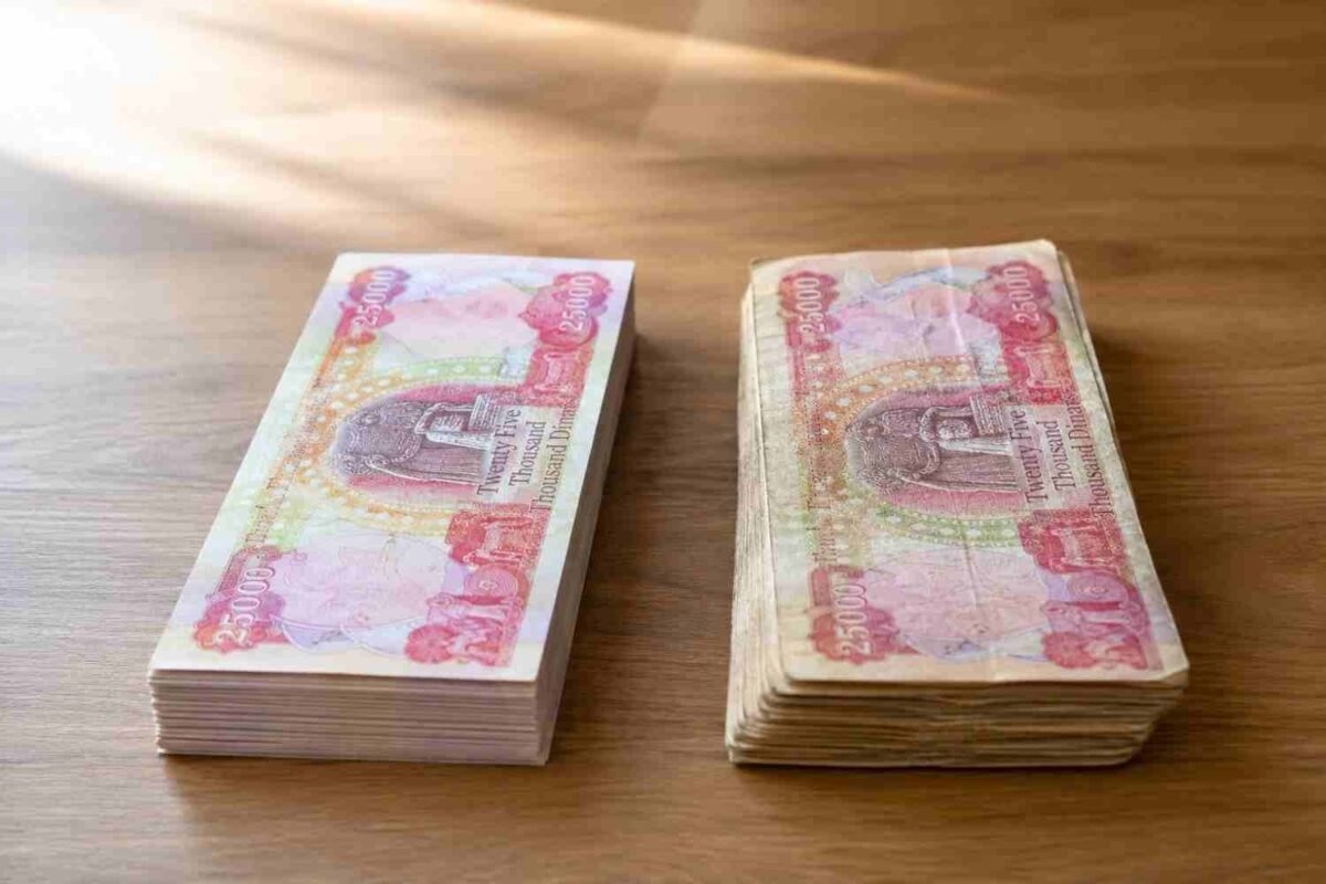 Uncirculated Iraqi Dinar notes beside circulated notes, showing why condition drives a price difference in the US even though both hold the same value in Iraq