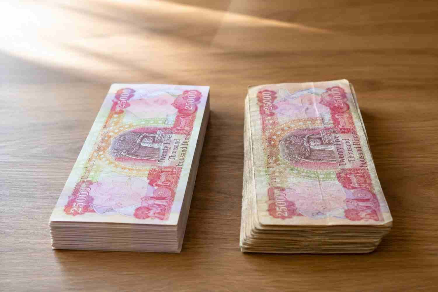 Uncirculated Iraqi Dinar notes beside circulated notes, showing why condition drives a price difference in the US even though both hold the same value in Iraq
