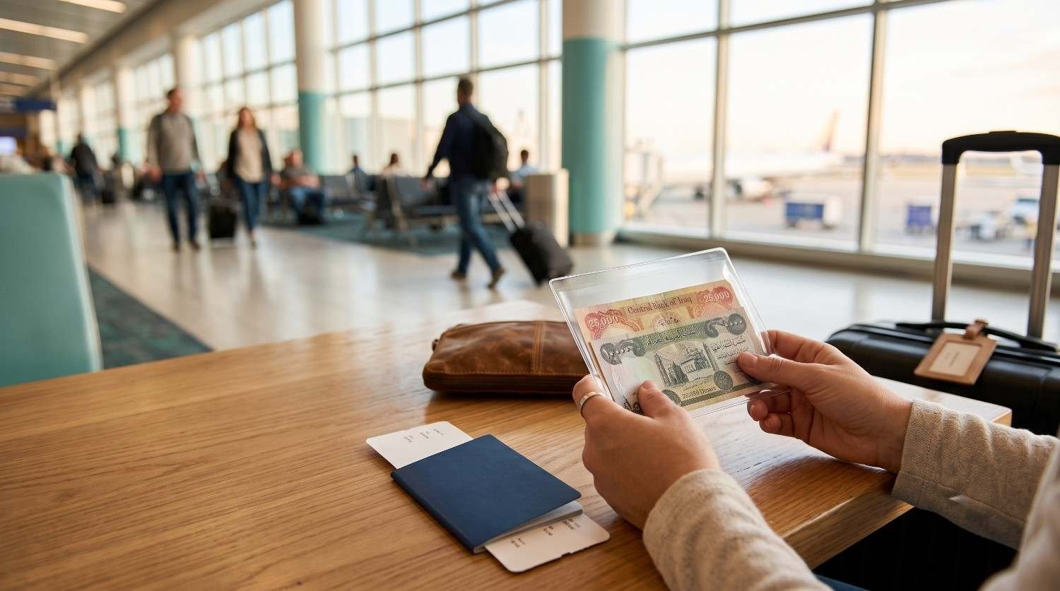 Traveler holding Iraqi dinar notes in a clear sleeve while preparing to carry Iraqi dinar through US customs