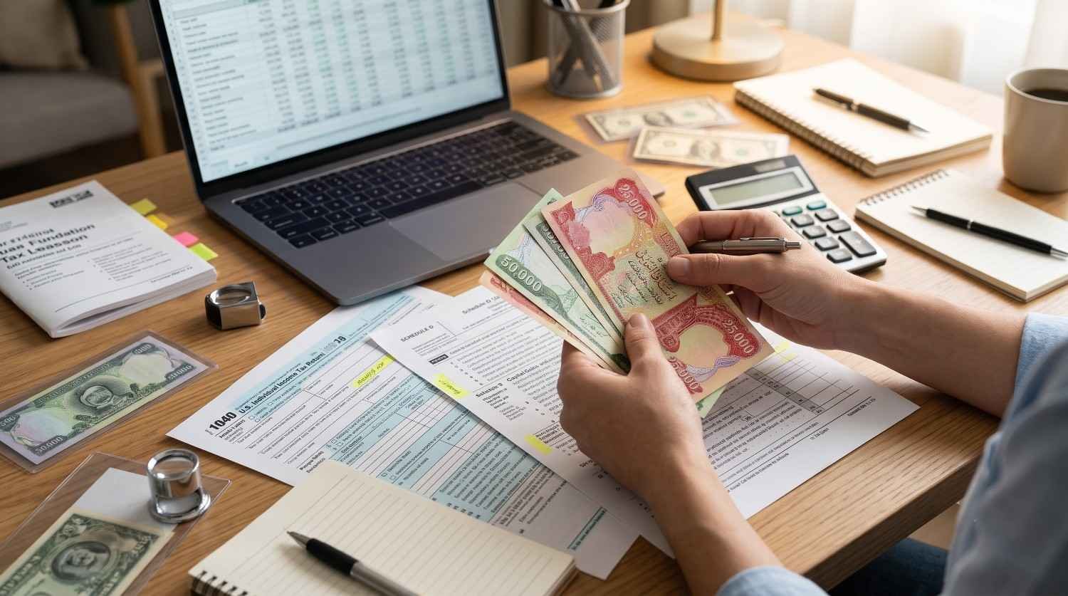 A collector at a desk reviewing uncirculated banknotes and IRS documents to determine how to report Iraqi Dinar on US taxes, featuring authentic iraqi dinar for sale from dinardealing.com.