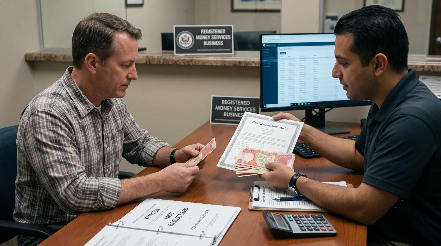 Customer reviewing authentic Iraqi Dinar banknotes and Certificate of Authenticity at a FinCEN registered Money Services Business dealer